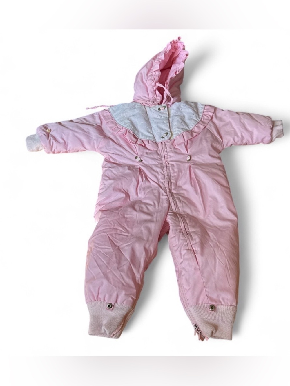 90s baby pink snow suit with eyelet and rosette detail size 18months
